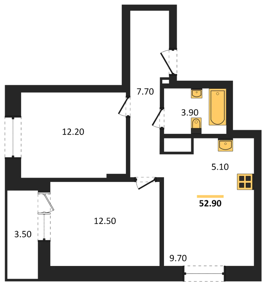 Планировка: 2-комн., 52,9 м²