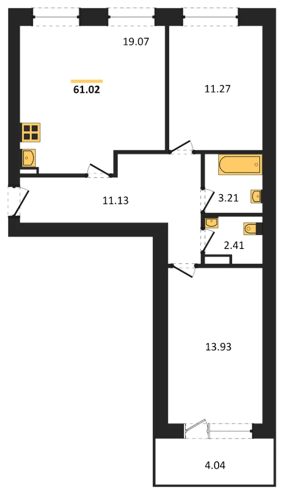 Планировка: 2-комн., 61 м²