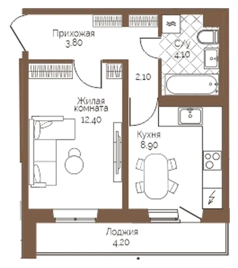 Планировка: 1-комн., 33,4 м²