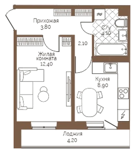 Планировка: 1-комн., 33,4 м²