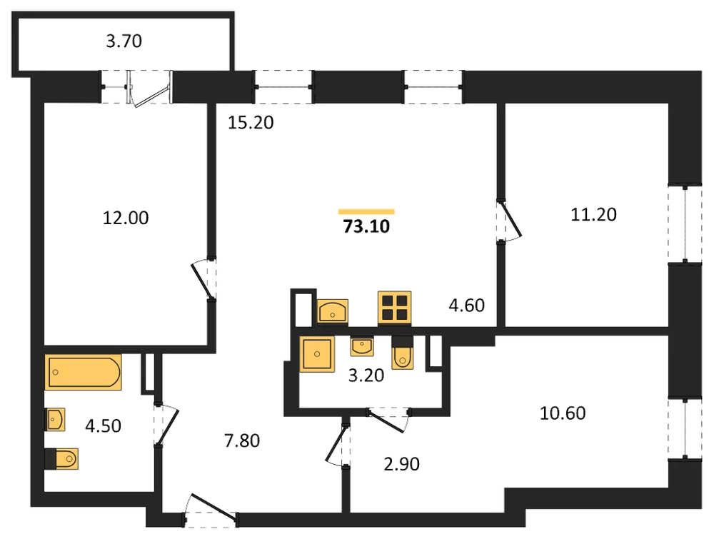 Планировка: 3-комн., 73,1 м²