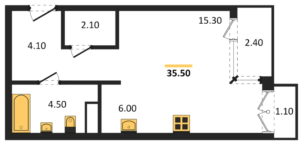 Планировка: Студия, 35,5 м²