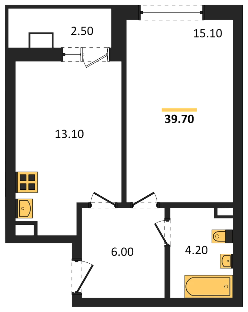 Планировка: 1-комн., 39,7 м²