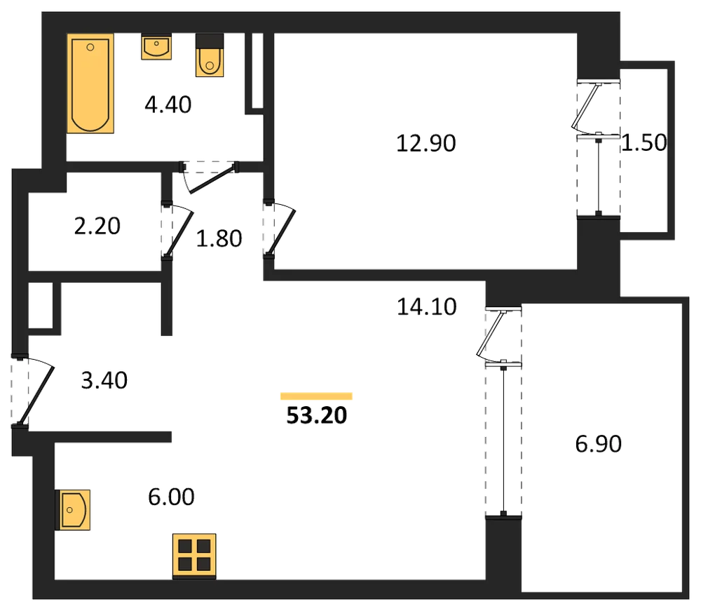Планировка: 1-комн., 53,2 м²
