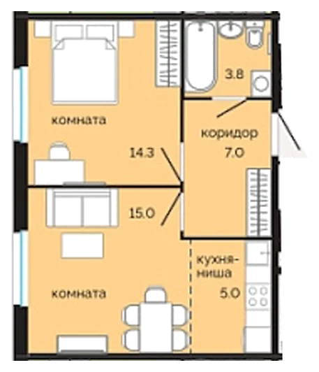 Планировка: 1-комн., 45,1 м²