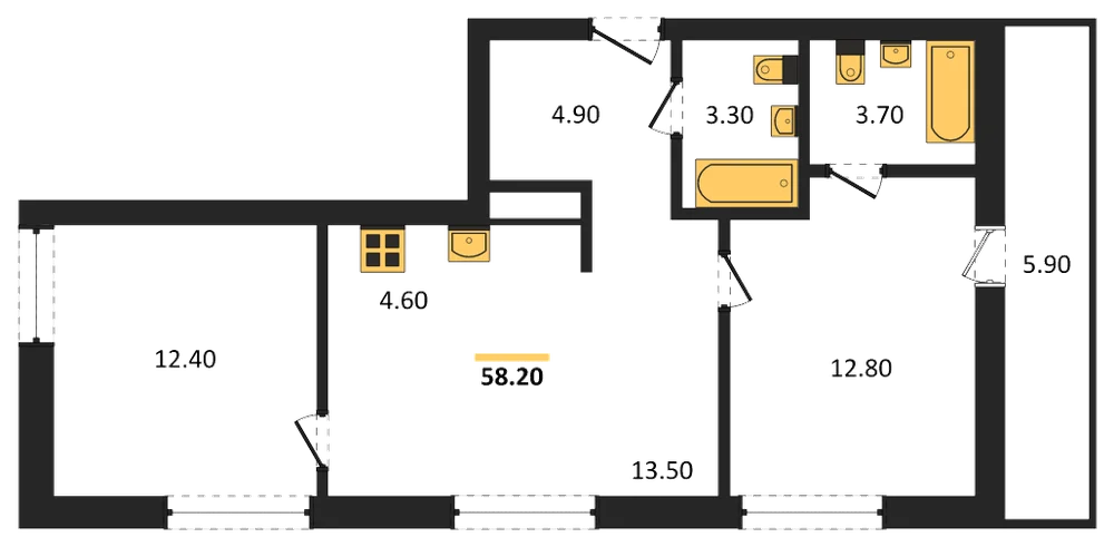 Планировка: 2-комн., 58,2 м²