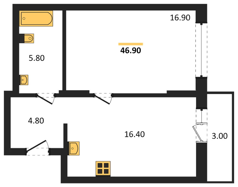 Планировка: 1-комн., 46,9 м²
