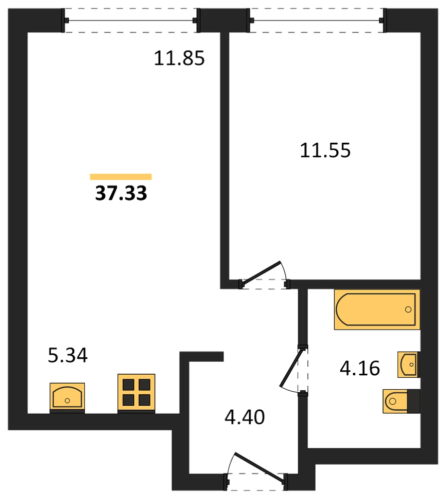 Планировка: 1-комн., 38,4 м²