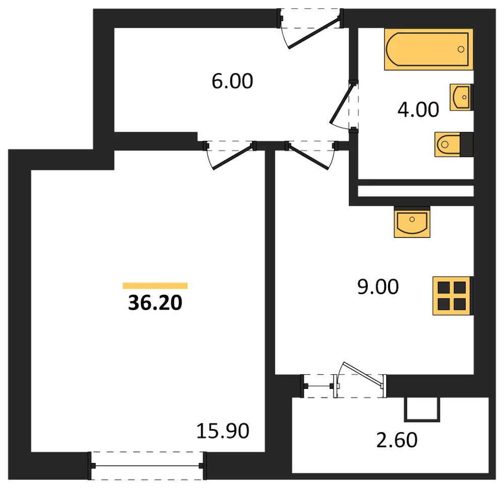 Планировка: 1-комн., 36,2 м²