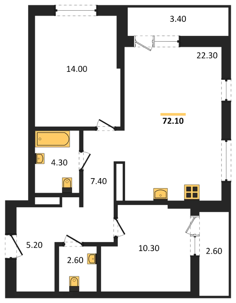 Планировка: 2-комн., 72,1 м²