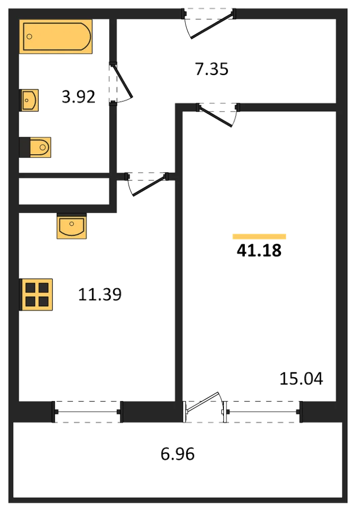 Планировка: 1-комн., 41,2 м²