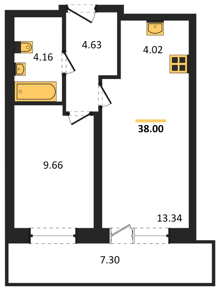 Планировка: 1-комн., 38 м²
