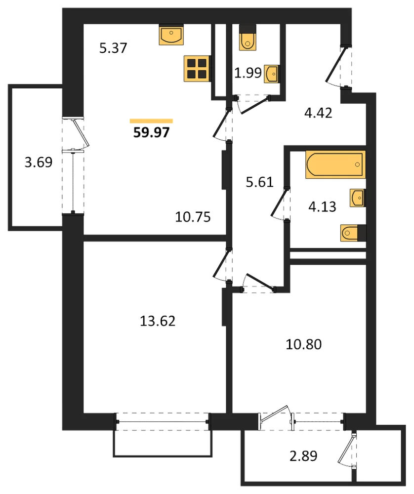 Планировка: 2-комн., 60 м²