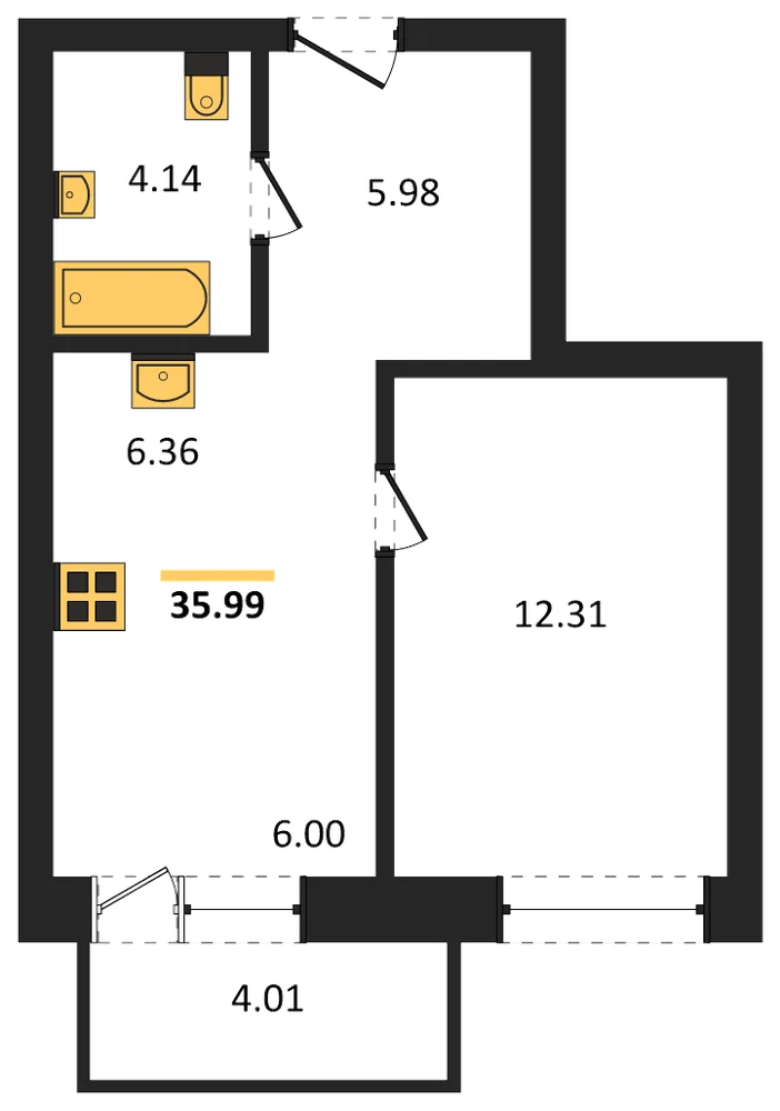 Планировка: 1-комн., 36 м²