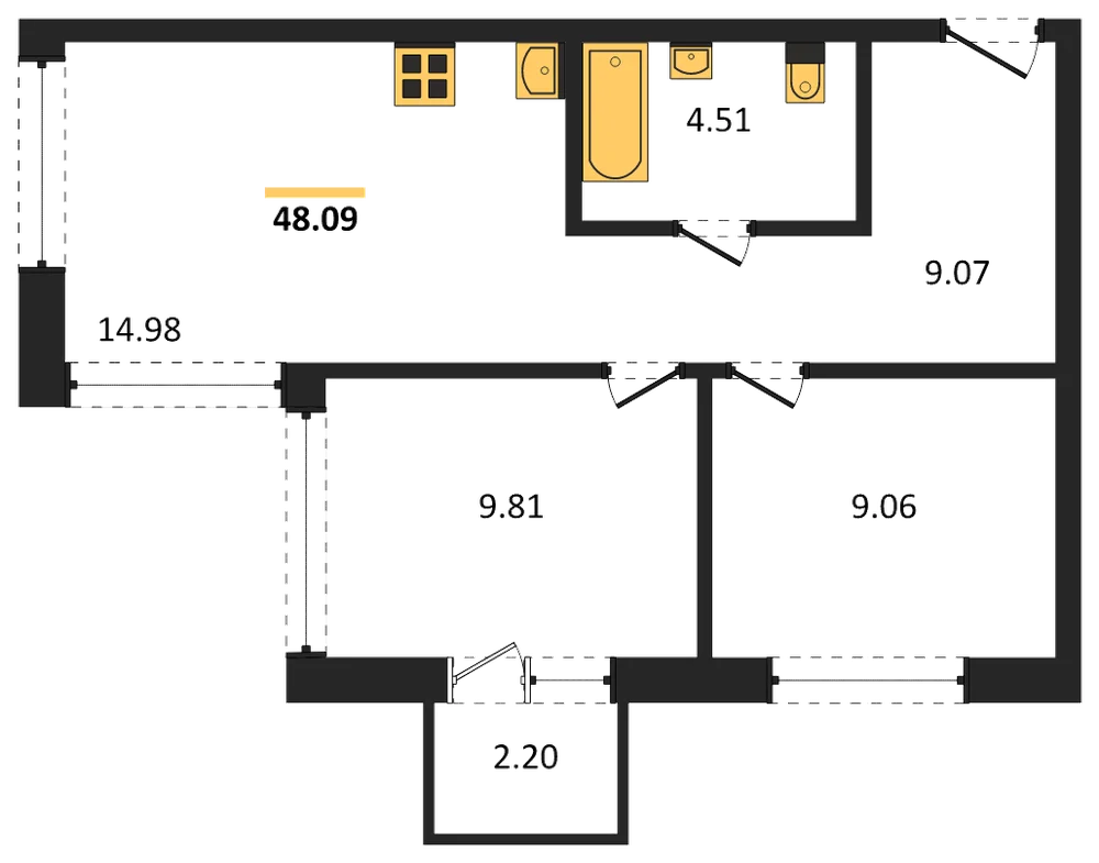 Планировка: 2-комн., 47,7 м²