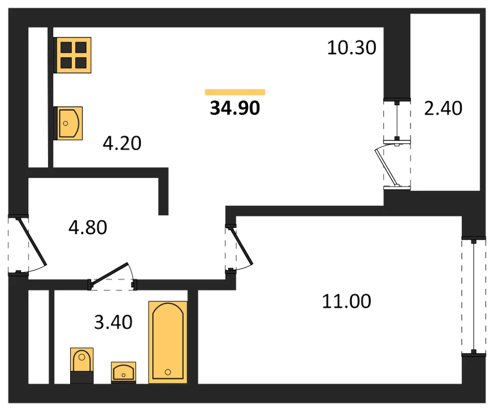 Планировка: 1-комн., 34,9 м²