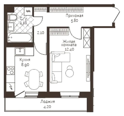 Планировка: 1-комн., 35,4 м²