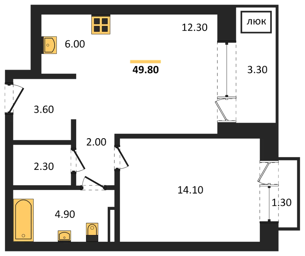 Планировка: 1-комн., 49,8 м²