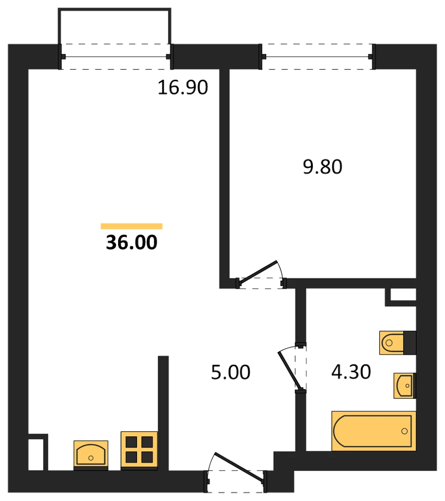 Планировка: 1-комн., 36 м²