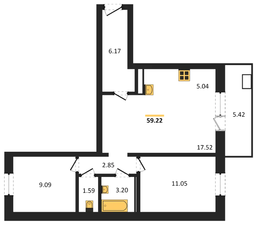 Планировка: 2-комн., 59,2 м²