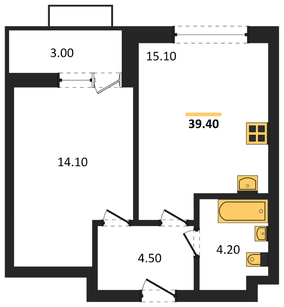 Планировка: 1-комн., 39,4 м²