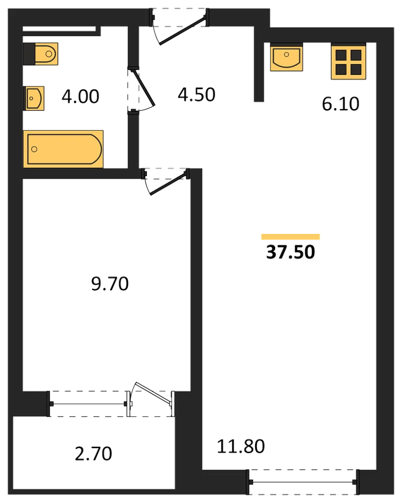 Планировка: 1-комн., 37,3 м²