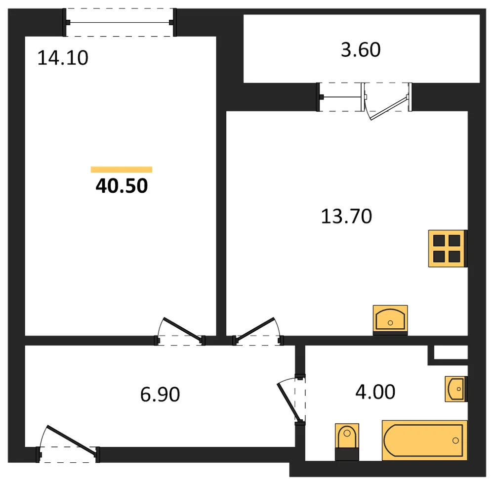 Планировка: 1-комн., 40,5 м²