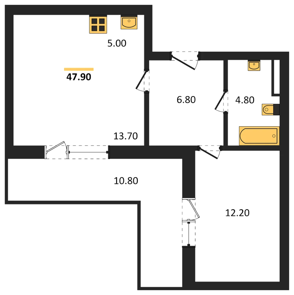 Планировка: 1-комн., 47,9 м²