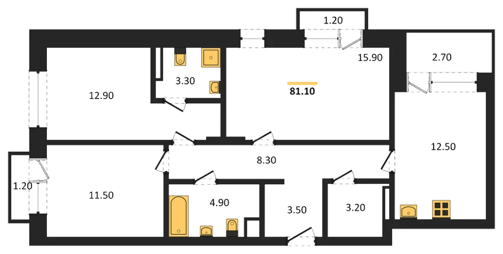 Планировка: 3-комн., 81,1 м²