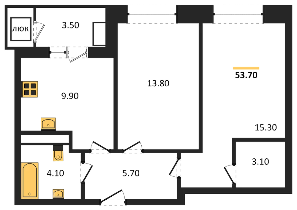 Планировка: 2-комн., 53,7 м²