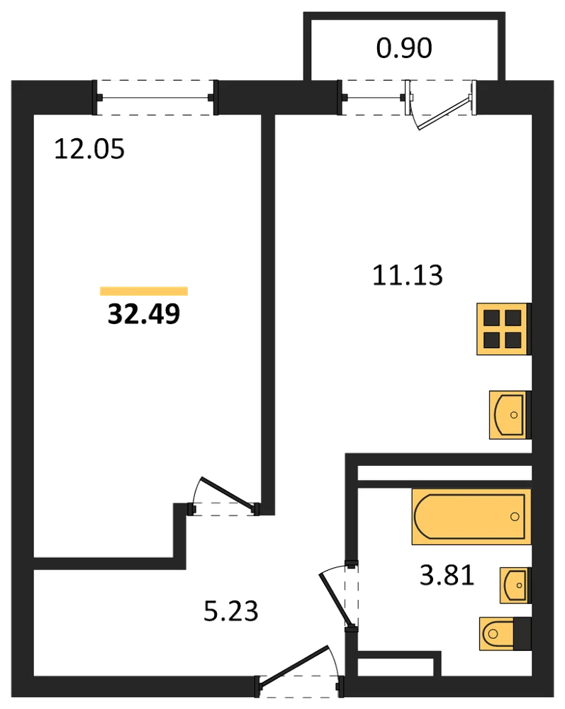 Планировка: 1-комн., 32,5 м²