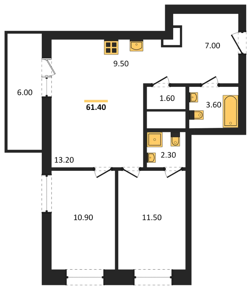 Планировка: 2-комн., 61,4 м²