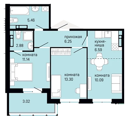 Планировка: 2-комн., 58,7 м²