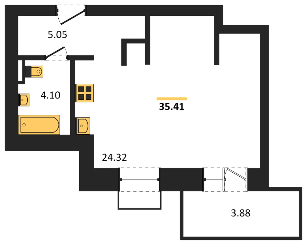 Планировка: Студия, 34,4 м²