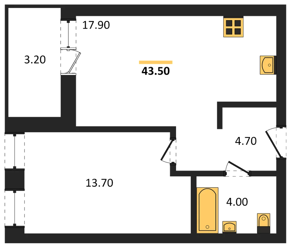 Планировка: 1-комн., 41,9 м²