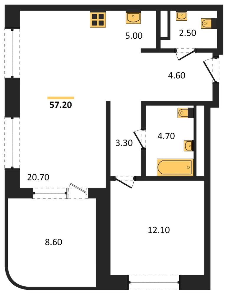 Планировка: 2-комн., 57,2 м²