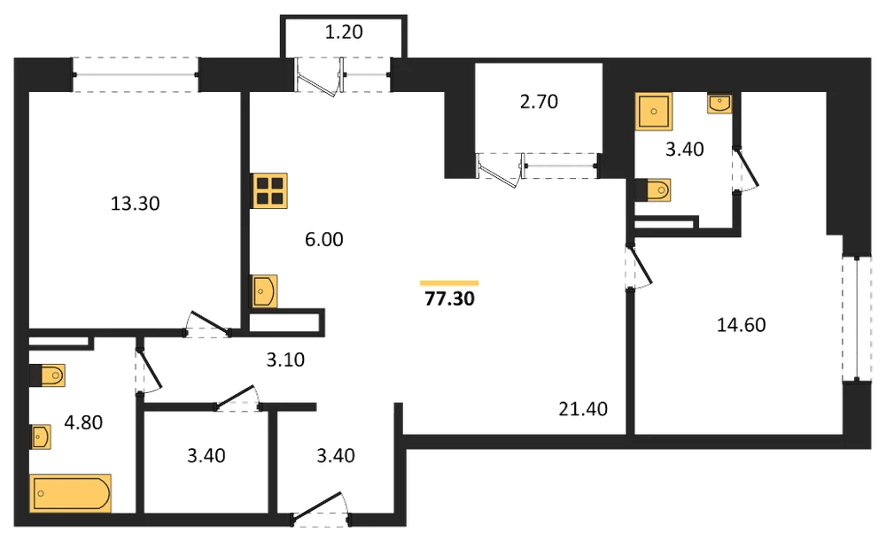 Планировка: 2-комн., 77,3 м²