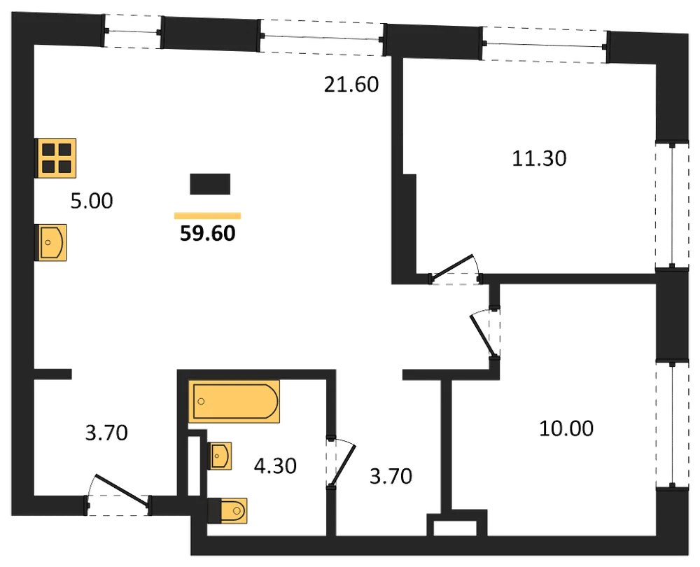 Планировка: 2-комн., 59,6 м²