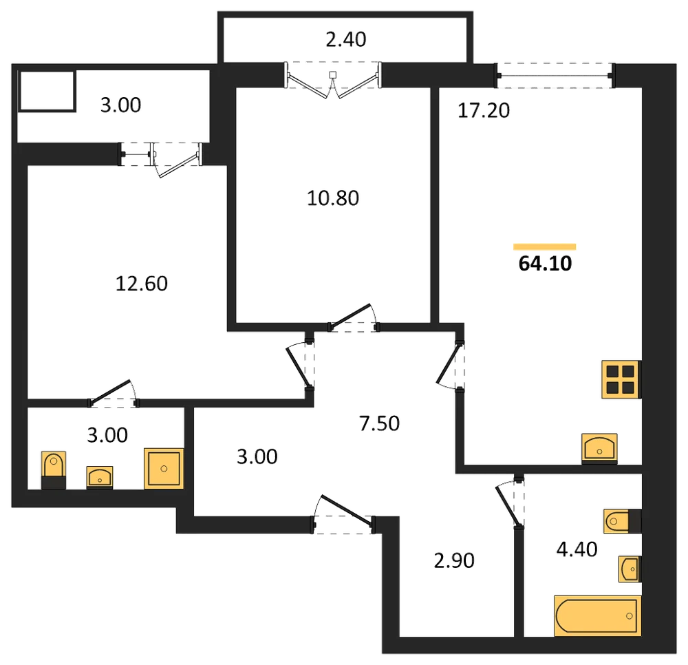 Планировка: 2-комн., 64,1 м²