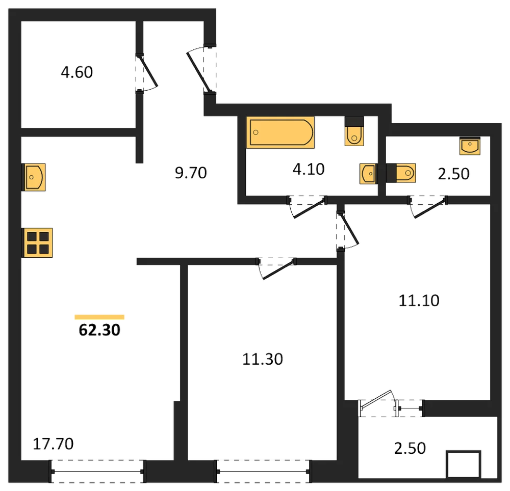 Планировка: 2-комн., 62,3 м²