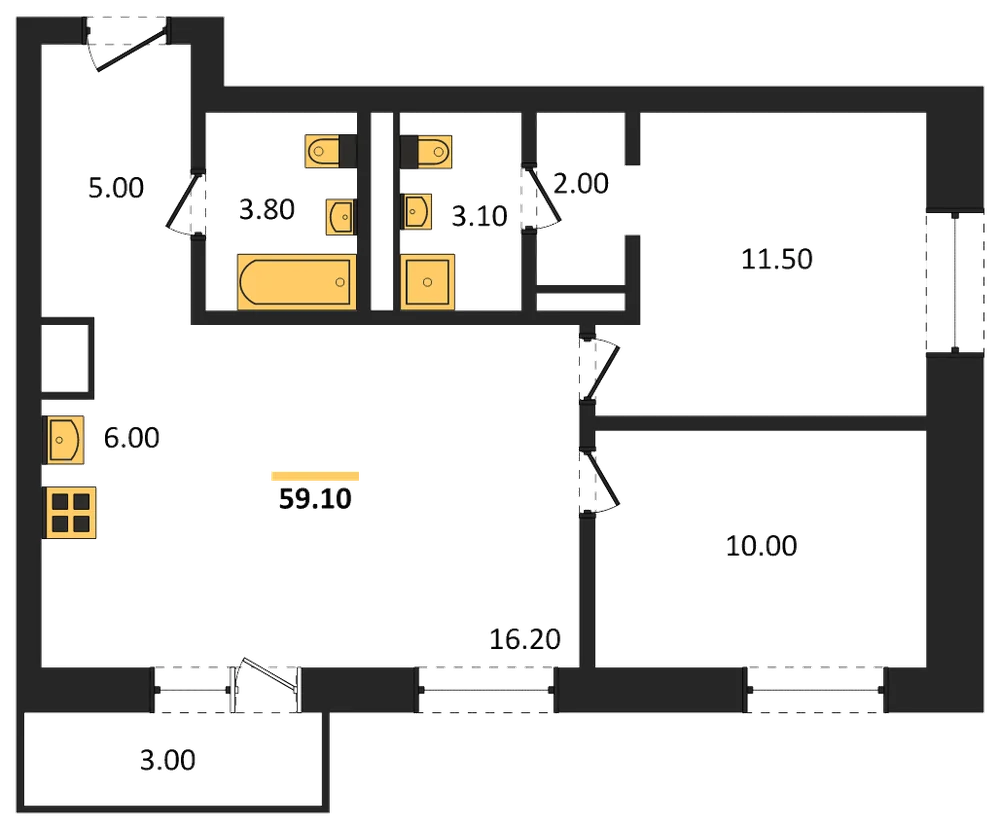 Планировка: 2-комн., 57,8 м²