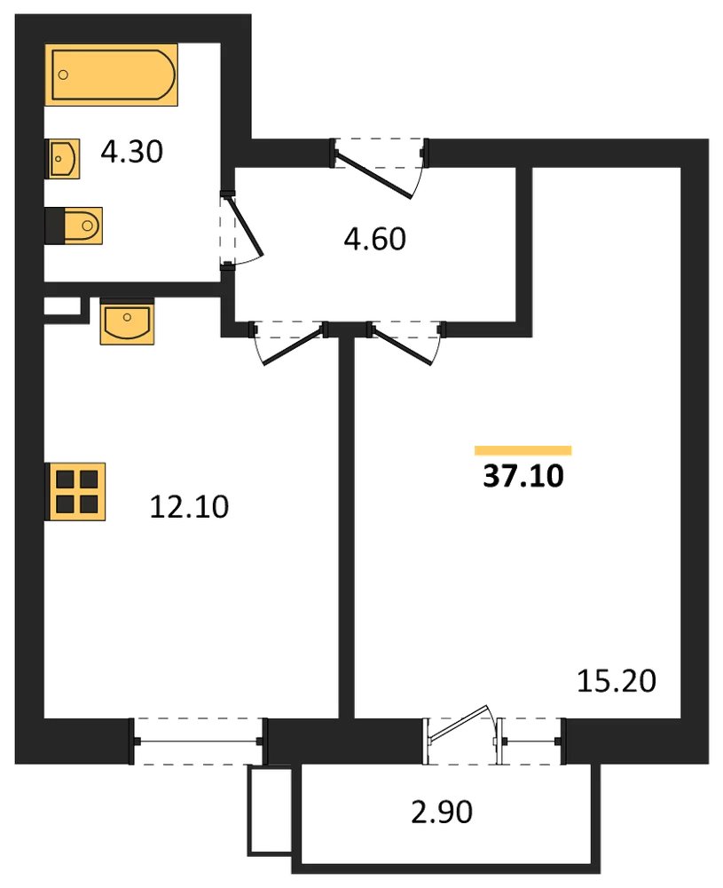 Планировка: 1-комн., 37,1 м²