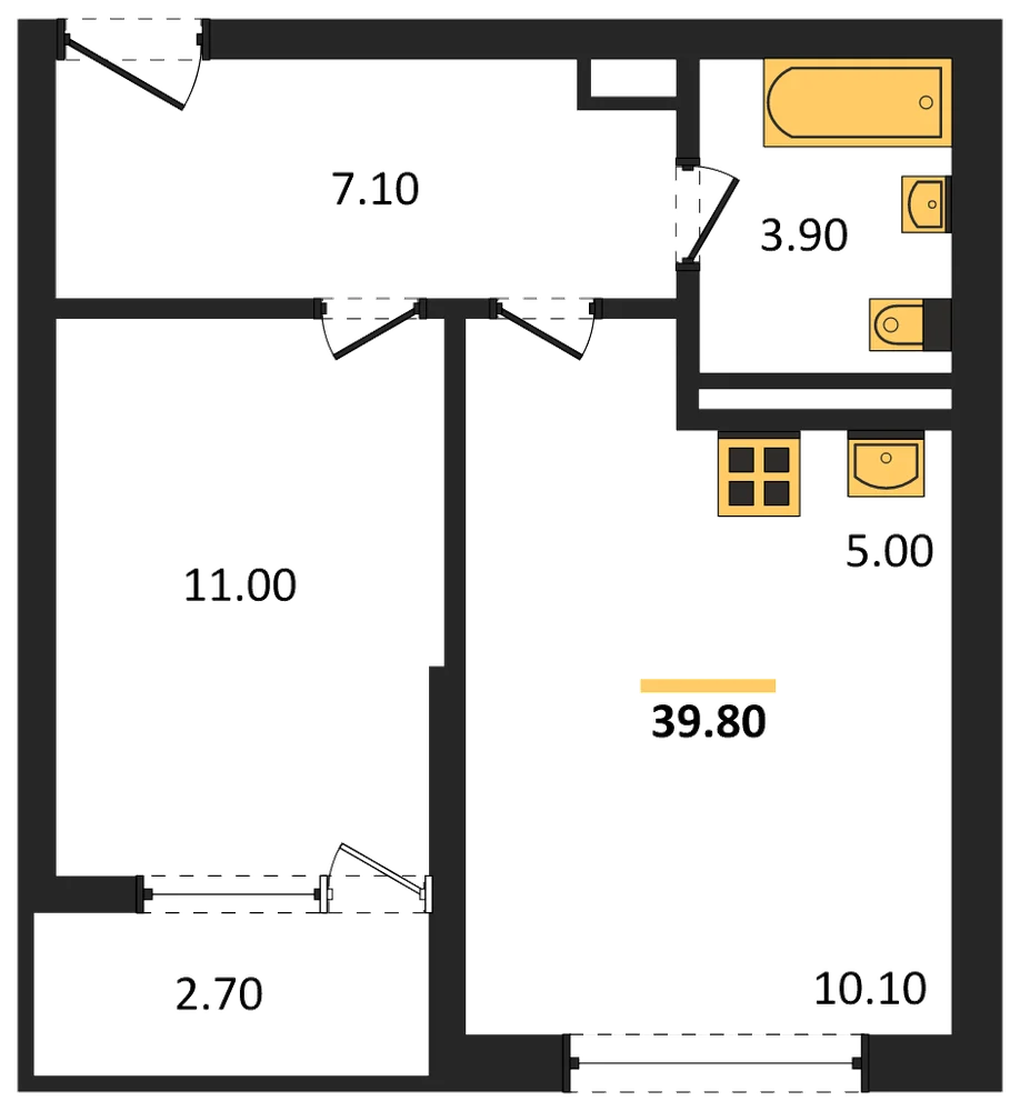 Планировка: 1-комн., 39,8 м²