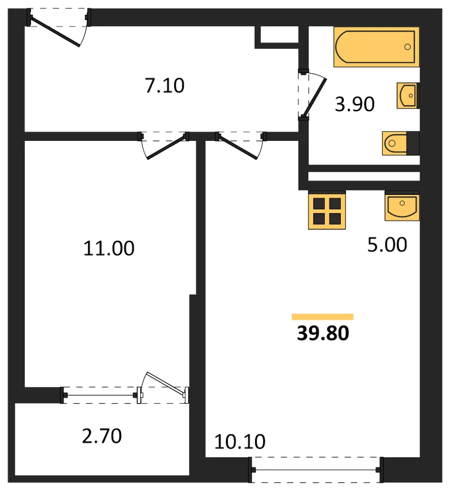 Планировка: 1-комн., 39,8 м²