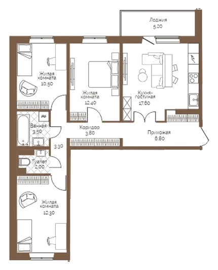 Планировка: 3-комн., 74,8 м²