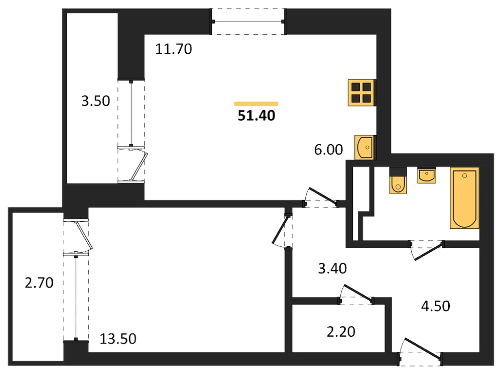 Планировка: 1-комн., 51,4 м²