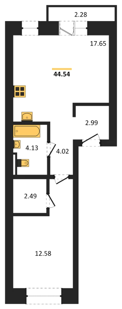 Планировка: 1-комн., 44,5 м²