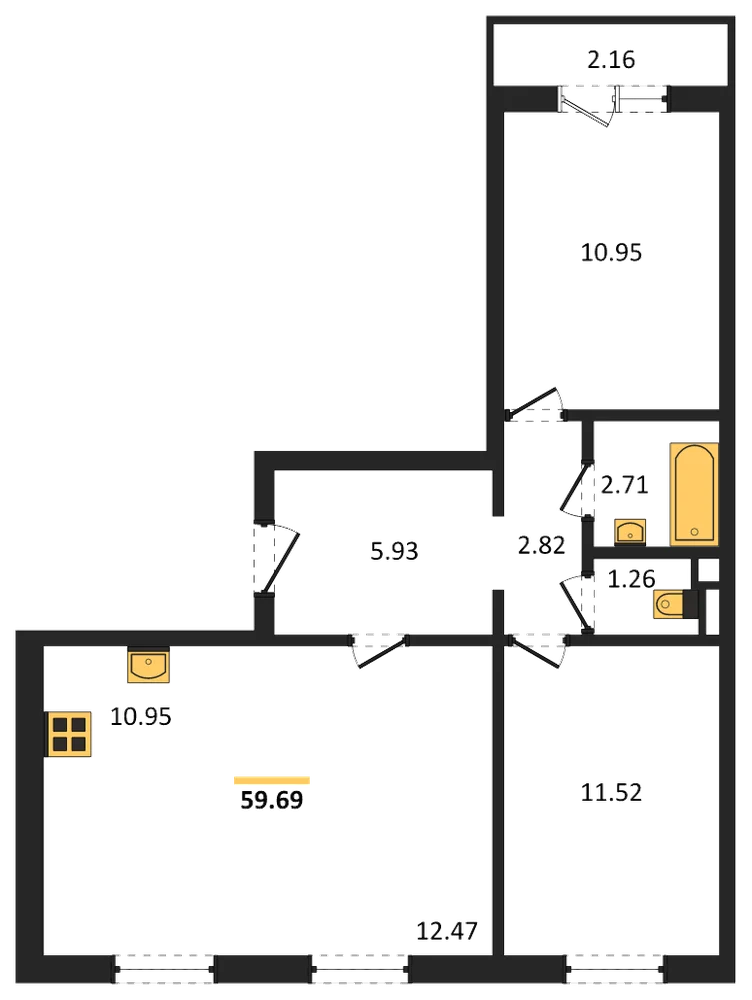 Планировка: 2-комн., 61 м²