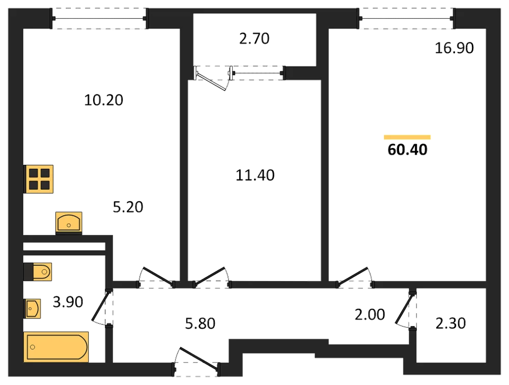 Планировка: 2-комн., 60,4 м²