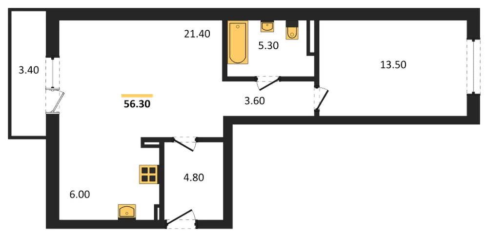 Планировка: 1-комн., 56,3 м²